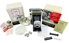 Vtg Polaroid Highlander EV Model 80A Land Camera w Flash Gun 281 and Exp Meter