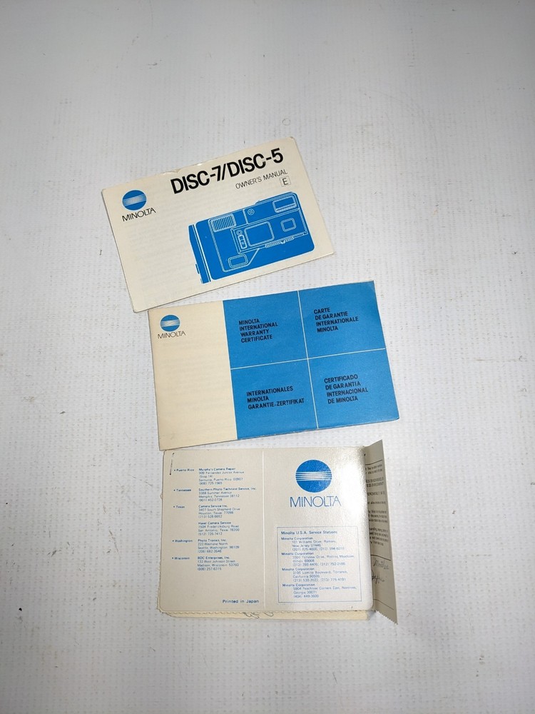 Vintage Minolta Disc Camera Disc-7 Owner’s Manual warranty card
