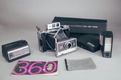 Vintage Polaroid 360 Land Camera w Flash, Charger, Hard Cover & Cold Clip