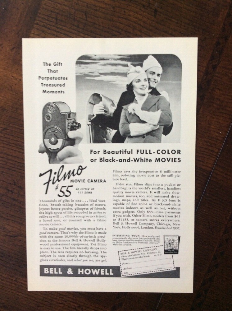 1937 vintage original Print ad Bell & Howell Filmo Home Movie Camera