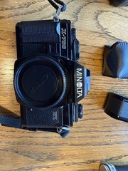 Minolta X-700 Black 35mm SLR film camera kit with lenses, light meter & cases