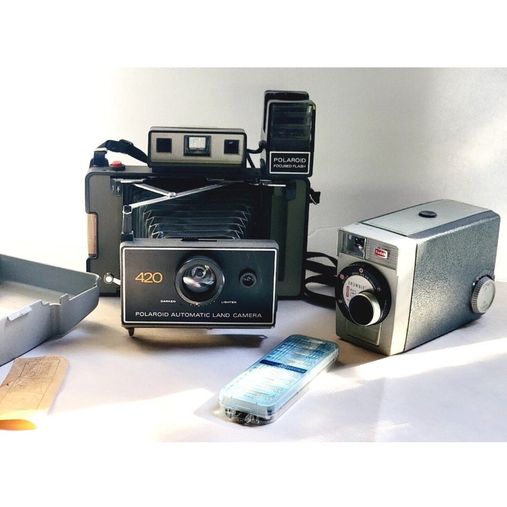 Vintage Camera Lot: Polaroid Automatic 420 Land Camera + Kodak Brownie Movie 8