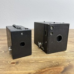 2 Antique Eastman Kodak Leather Box Cameras Brownie “B” & Rainbow Hawk-Eye No.2