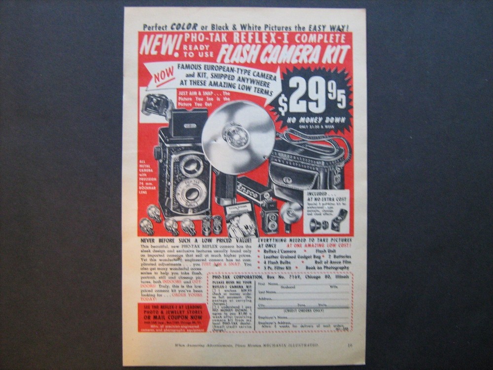 1953 Pho-Tak Reflex-I Complete Flash Camera Kit vintage ad from real nice estate