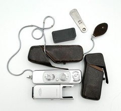 Minox B German Subminiature Spy Camera w/ Chain, Leather Cases, Flash Extender
